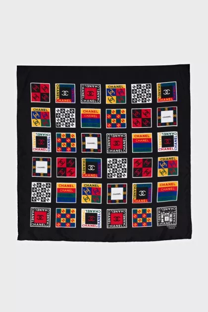 Black silk scarf with signature print