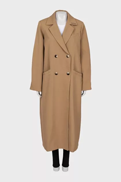 Brown trench coat with embroidery on the collar