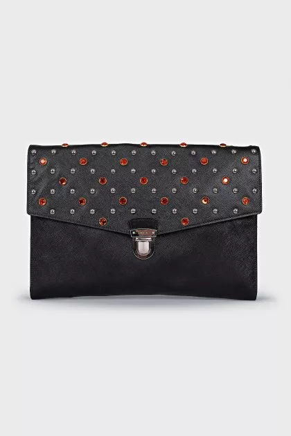 Black leather clutch with crystals