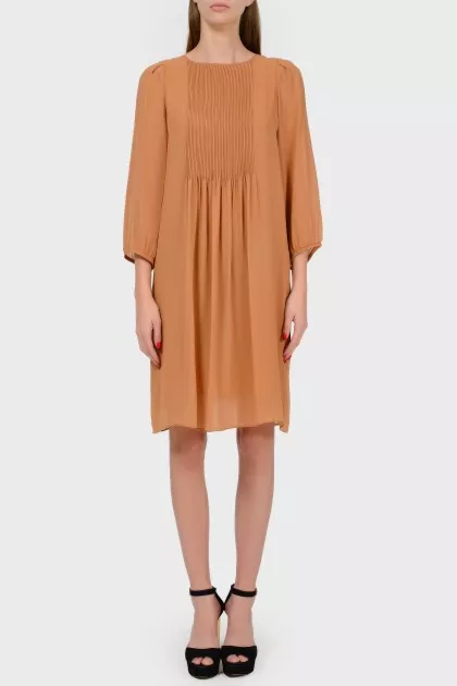 Pleated silk caramel dress
