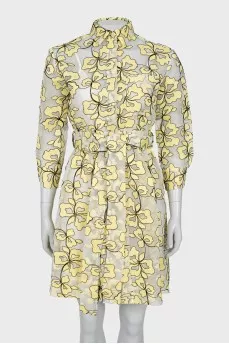 Sheer button dress with embroidery