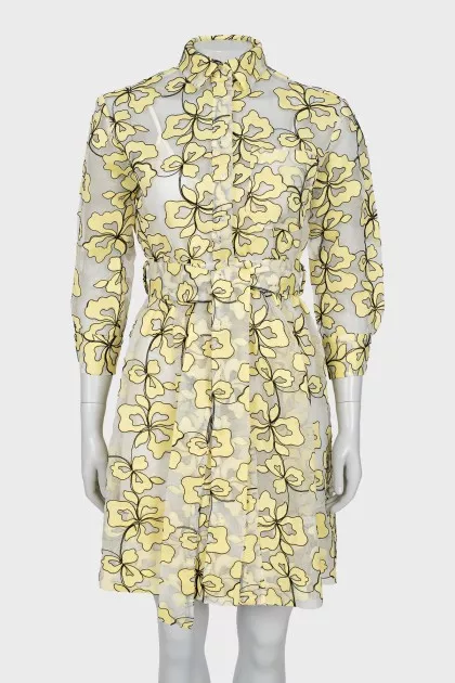 Sheer button dress with embroidery