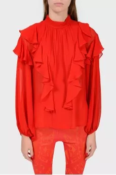 Red silk blouse with frills