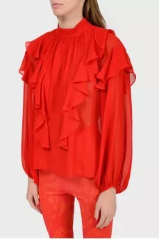 Red silk blouse with frills