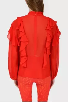 Red silk blouse with frills