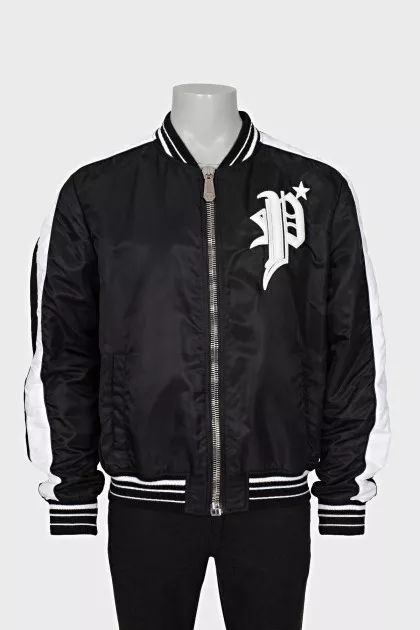 Men's Black Bomber Jacket with Embroidery