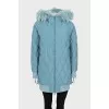Down jacket with raccoon fur trim