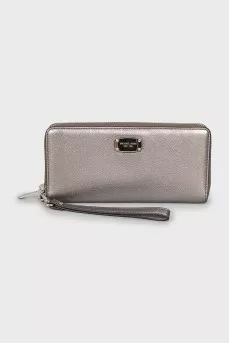 Gray wallet with silver logo