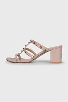 Beige Rockstud Leather Sandals
