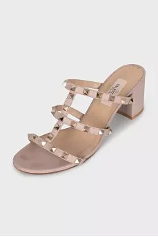 Beige Rockstud Leather Sandals