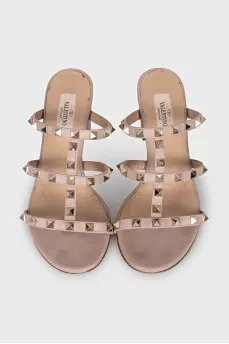 Beige Rockstud Leather Sandals