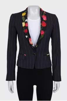 Cropped jacket with floral print on lapels
