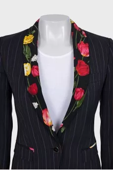 Cropped jacket with floral print on lapels
