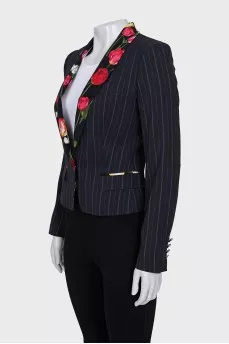 Cropped jacket with floral print on lapels