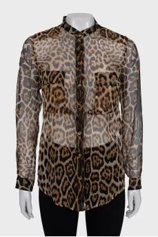 Translucent silk blouse with animal print