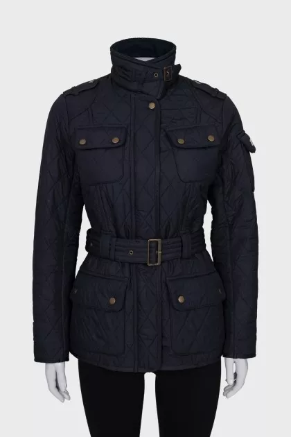 Blue quilted jacket with belt