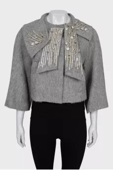 Cropped alpaca and wool coat with crystals
