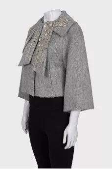Cropped alpaca and wool coat with crystals