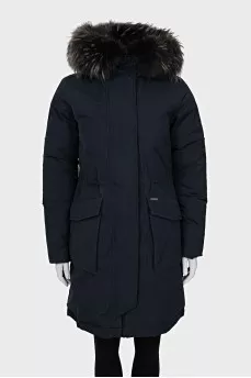 Blue down jacket with fur trim