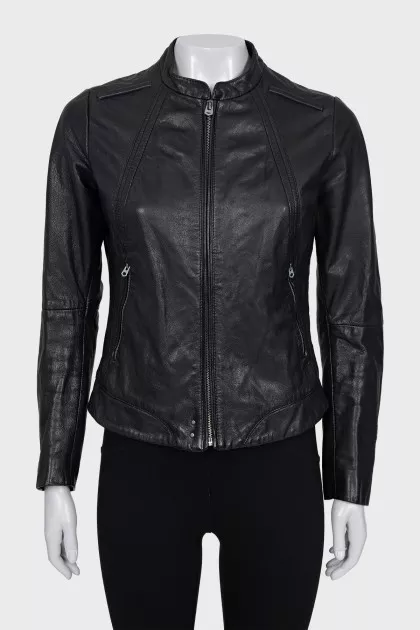 Leather jacket with zip and round collar