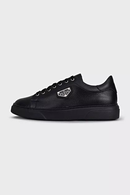 Men's black leather sneakers with tag