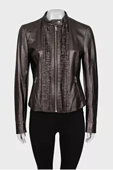 Brown leather jacket with ruffles
