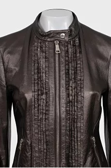 Brown leather jacket with ruffles