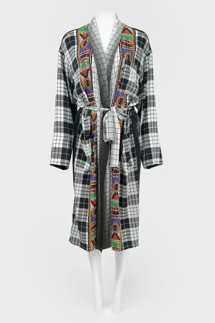 Khalat dress in a combined cage and an abstract print