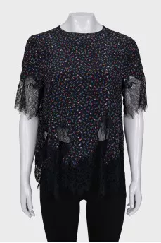 Silk blouse with lace in a floral print