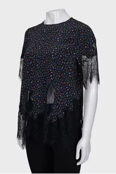 Silk blouse with lace in a floral print