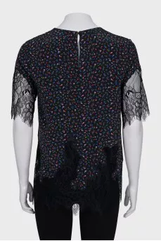 Silk blouse with lace in a floral print