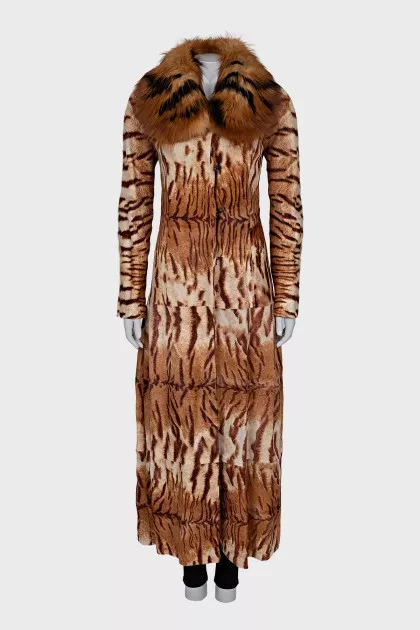 Leather coat with a fur collar
