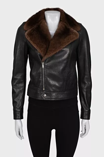 Leather jacket decorated with mink fur