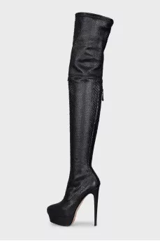 Textured leather over-the-knee boots with heels