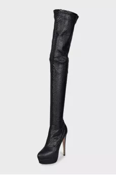 Textured leather over-the-knee boots with heels