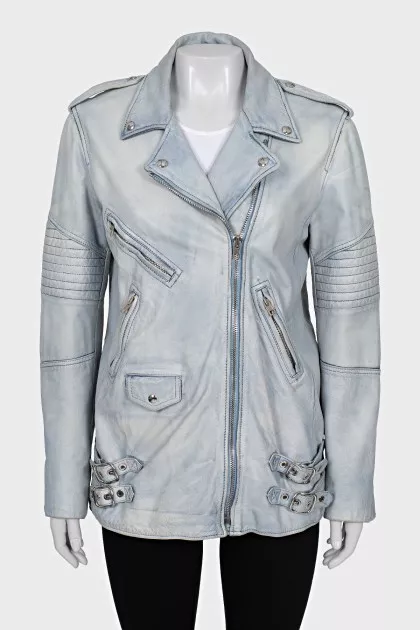 Light blue leather jacket with a zipper