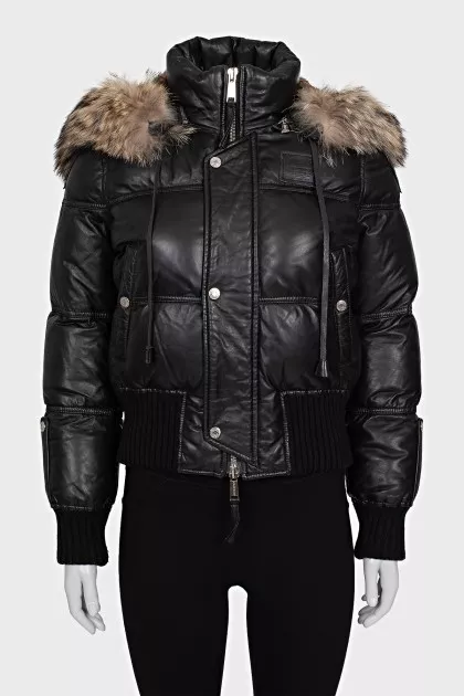 Leather down jacket with a removable hood