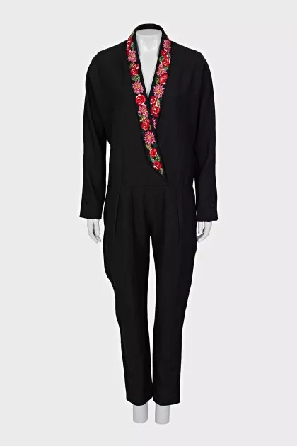 Wool and linen jumpsuit with embroidery