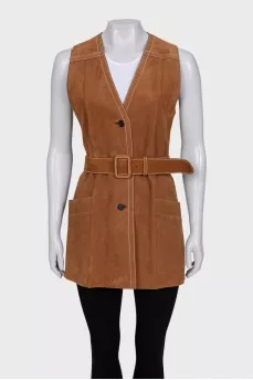 Suede long vest with belt