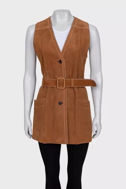 Suede long vest with belt