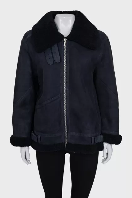 Blue sheepskin coat with a zipper