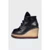 Leather lace-up wedge ankle boots