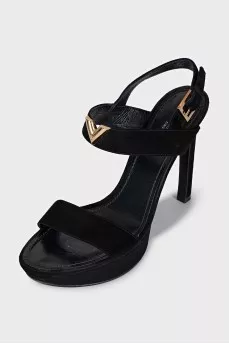 Suede sandals with gold logo