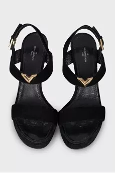 Suede sandals with gold logo