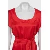 Red silk dress with a wide belt