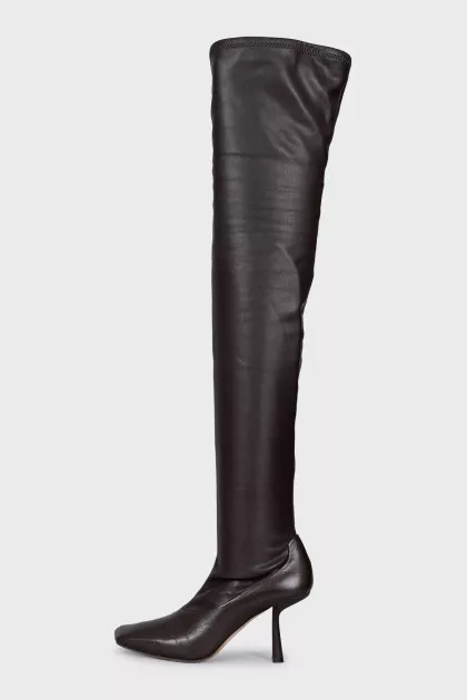 Leather over-the-knee boots with a square toe heel