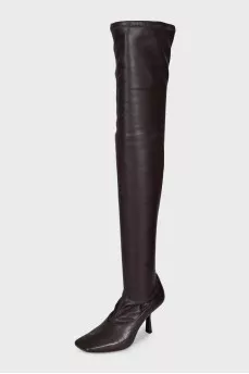 Leather over-the-knee boots with a square toe heel