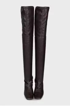 Leather over-the-knee boots with a square toe heel