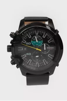 Men's watch on a black leather strap with a tag