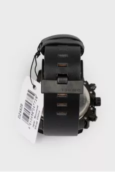 Men's watch on a black leather strap with a tag